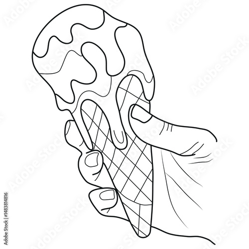 simple icon of a scoop of melting ice cream in a waffle cone held in a hand in line art style