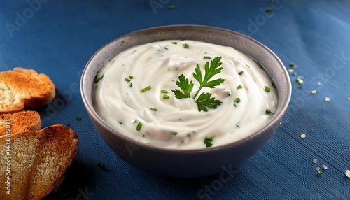 bowl with ranch dressing made with mayonnaise sour cream buttermilk garlic dill parsley and chives