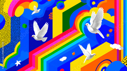 Maximalist peace sign in blue sky with flying doves and rainbows