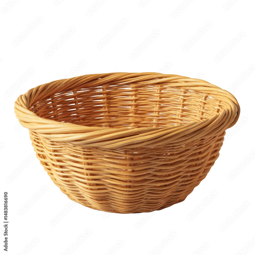 Wicker basket isolated on transparent background, empty woven container Wicker basket isolated on transparent background, empty woven container