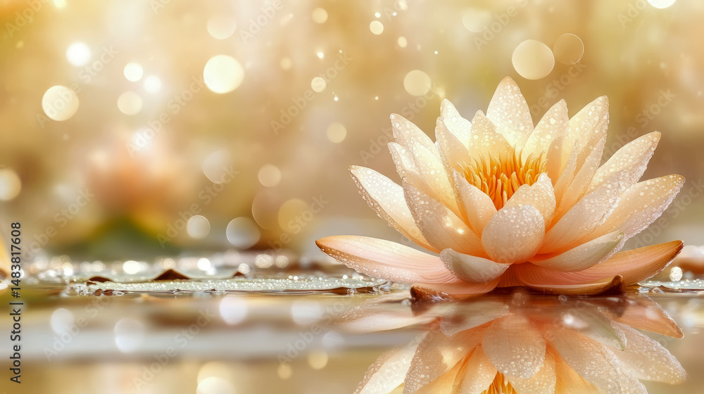 Fototapeta premium Serene bloom floating on calm water, illuminated by gentle light and bokeh effects, evoking peace and tranquility