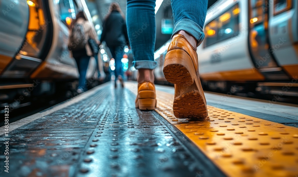 Fototapeta premium Commuter legs walking next to a suburban train, people taking public transportation between home and work
