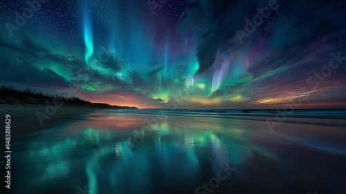 Wallpaper Mural Stunning light display over the ocean illuminates night sky near the beach Torontodigital.ca