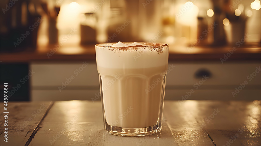A glass of Leche Merengada, Cinnamon-Meringue Milk Drink, frothy and creamy with a dusting of cinnamon A glass of Leche Merengada, Cinnamon-Meringue Milk Drink, frothy and creamy with a dusting of cinnamon