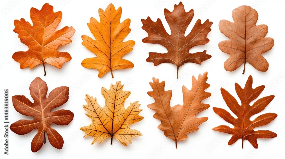 Fototapeta premium Eight Dried Autumn Leaves Arranged on White Background