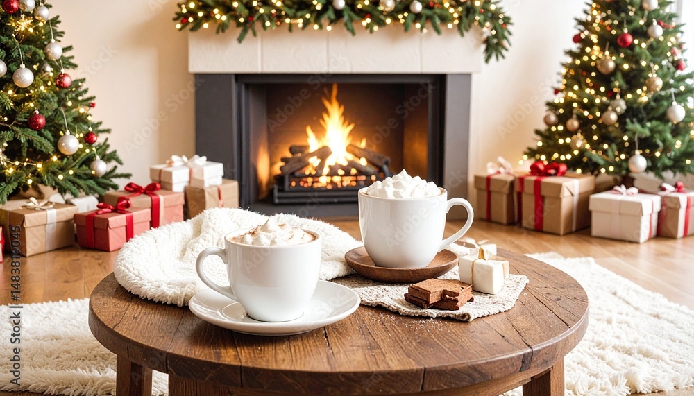 Fototapeta premium Cozy Christmas Living Room Scene with Fireplace, Tree, Lights, and Gifts