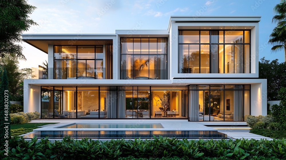 Fototapeta premium Luxurious property development featuring modern villa expansive glass window lush landscaping sleek pool area property depicted photorealistic rendering showcasing elegance sophistication of high end