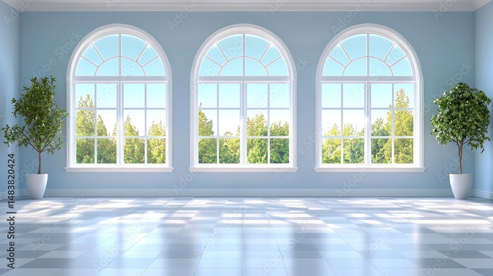 Fototapeta premium Bright Blue Room with Large Arch Windows and Greenery View