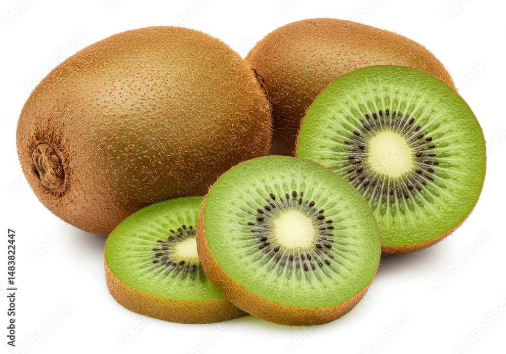 Obraz premium two whole kiwis and two kiwi slices on a white background