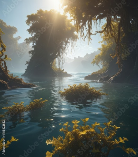 Dancing kelp forest, sunlit ocean current flows , aquatic, art