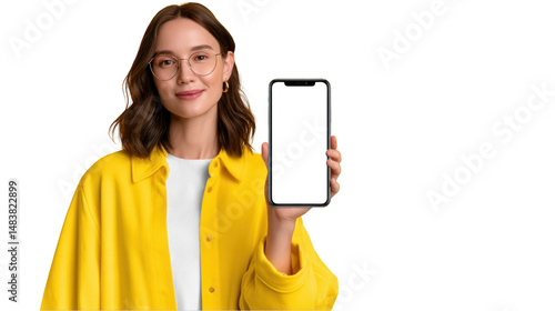 Woman in yellow jacket holding smartphone isolated on transparent background