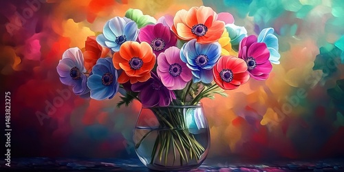 A vibrant bouquet of colorful flowers in a clear vase against a bokeh background