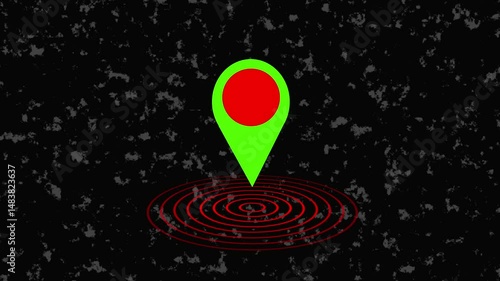 Location pin icon with radio wave animation on a black background. location icon animation in black background.