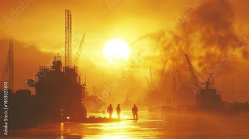 Silhouetted figures at sunrise harbor