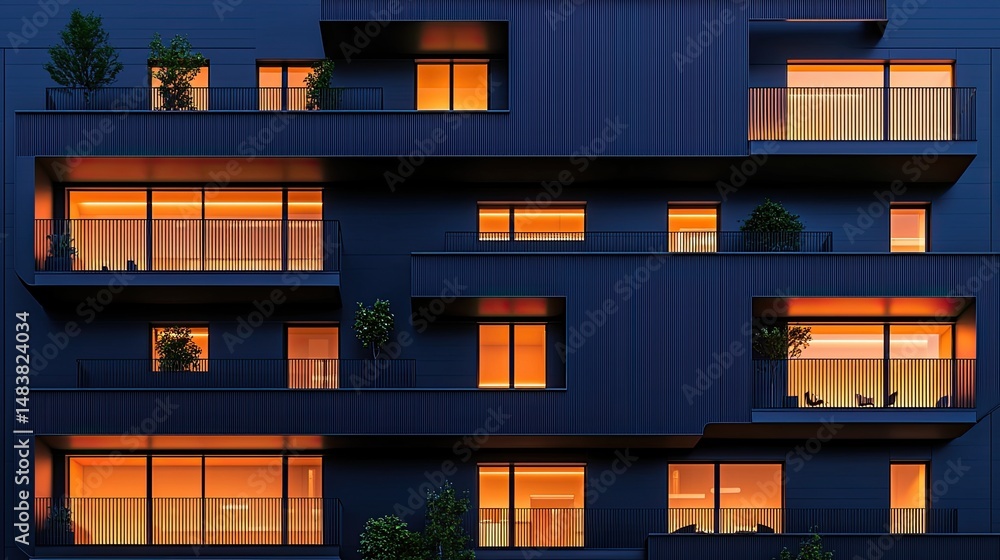 Modern Apartment Building Illuminated At Night Modern Apartment Building Illuminated At Night