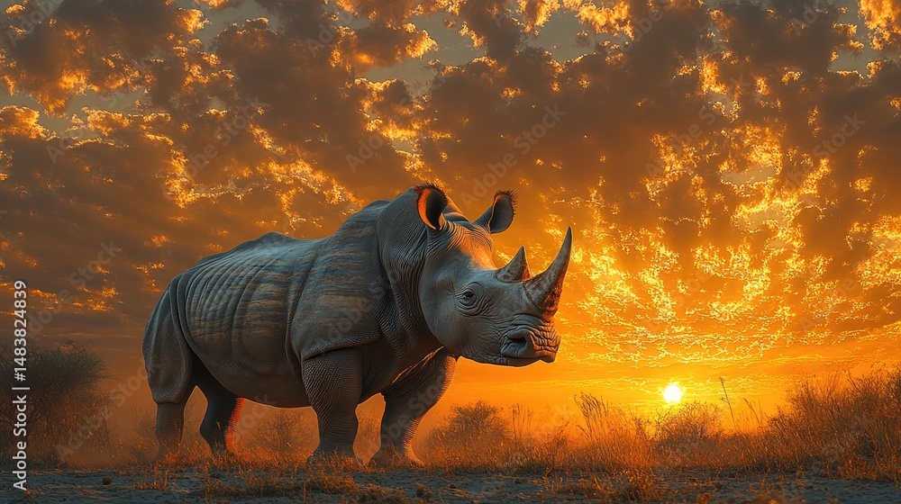 Fototapeta premium Majestic white rhino at sunset. A powerful, large rhino stands in a savanna landscape, bathed in the warm hues of a vibrant sunset. Clouds fill the sky in fiery oranges and yellows