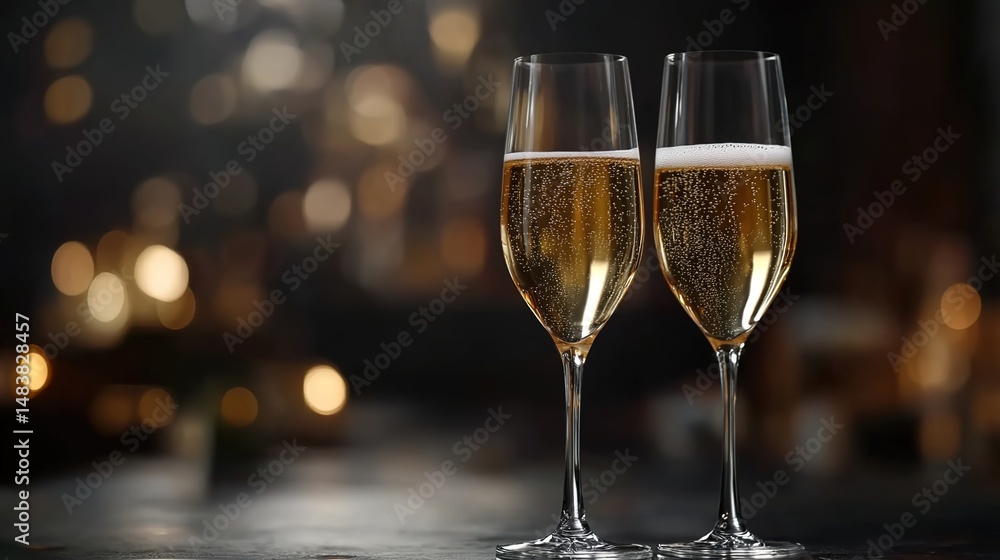 Two Champagne Glasses with Sparkling Wine Against a Bokeh Background Two Champagne Glasses with Sparkling Wine Against a Bokeh Background