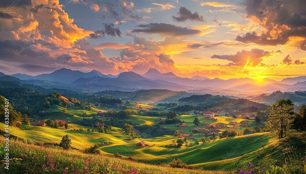 Obraz premium A picturesque sunset over a lush green valley with rolling hills and distant mountains