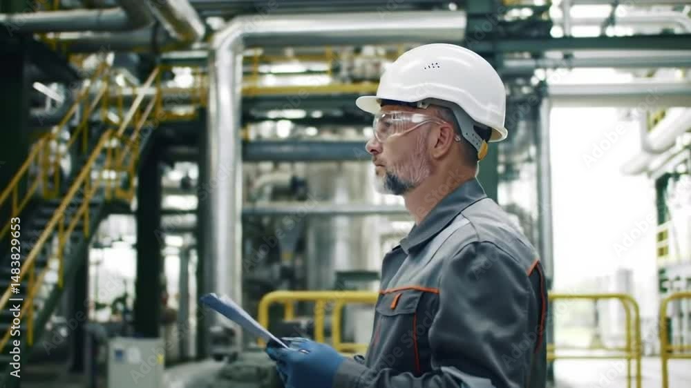 Focused Engineer in Gray Uniform Holding Clipboard at Industrial Site with Protective Gear and Pipes in Natural Lighting Focused Engineer in Gray Uniform Holding Clipboard at Industrial Site with Protective Gear and Pipes in Natural Lighting