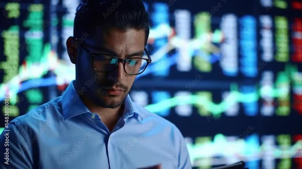 Focused Man in Blue Shirt Examines Stock Data on Tablet Against Illuminated Digital Background Focused Man in Blue Shirt Examines Stock Data on Tablet Against Illuminated Digital Background