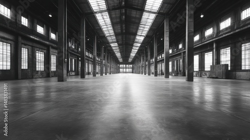 Clean empty structure  modern architectural lines  cold industrial floor