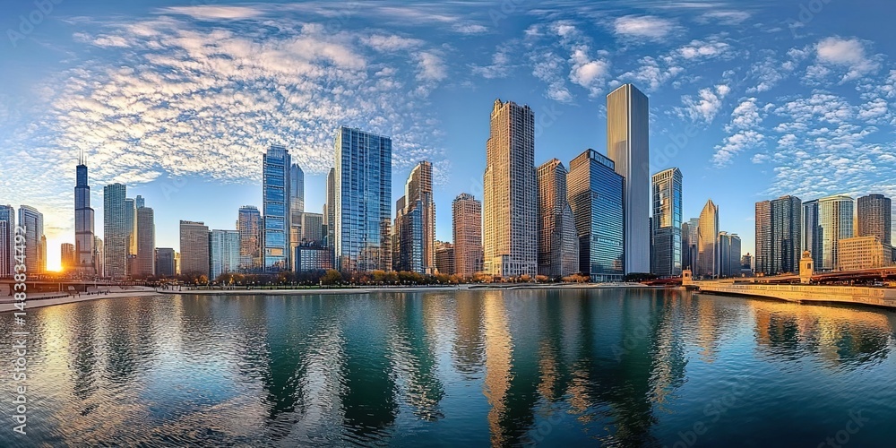 Obraz premium Cityscape with modern skyscrapers and a waterfront at sunset