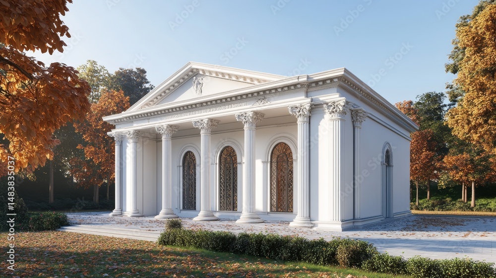Fototapeta premium A 3D picture shows an old white building with fancy columns. It has three arched openings.