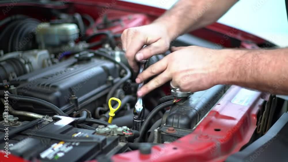 Person Repairing Red Car Engine Under Hood with Silver Wrench Metal Tools in Garage with Cool Tone Person Repairing Red Car Engine Under Hood with Silver Wrench Metal Tools in Garage with Cool Tone