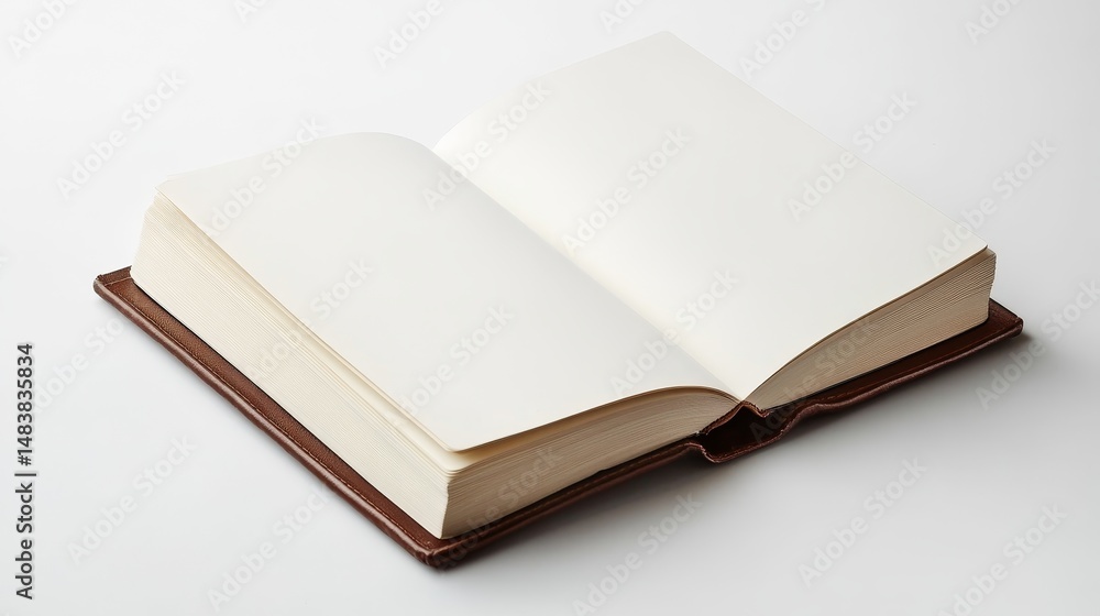 A blank book, diary, or notebook with white pages is shown on a clear background. It's a simple design of an empty album with a brown leather cover.
A blank book, diary, or notebook with white pages is shown on a clear background. It's a simple design of an empty album with a brown leather cover.