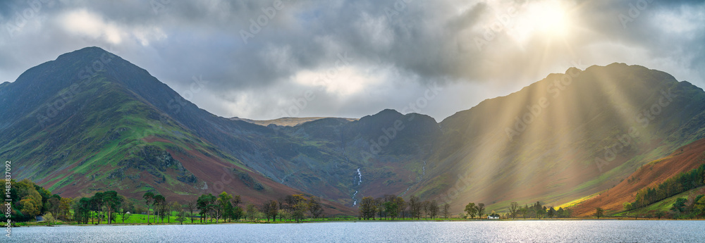 Beautiful morning view of Buttermere lake Pines and Haystacks in the Lake District. England