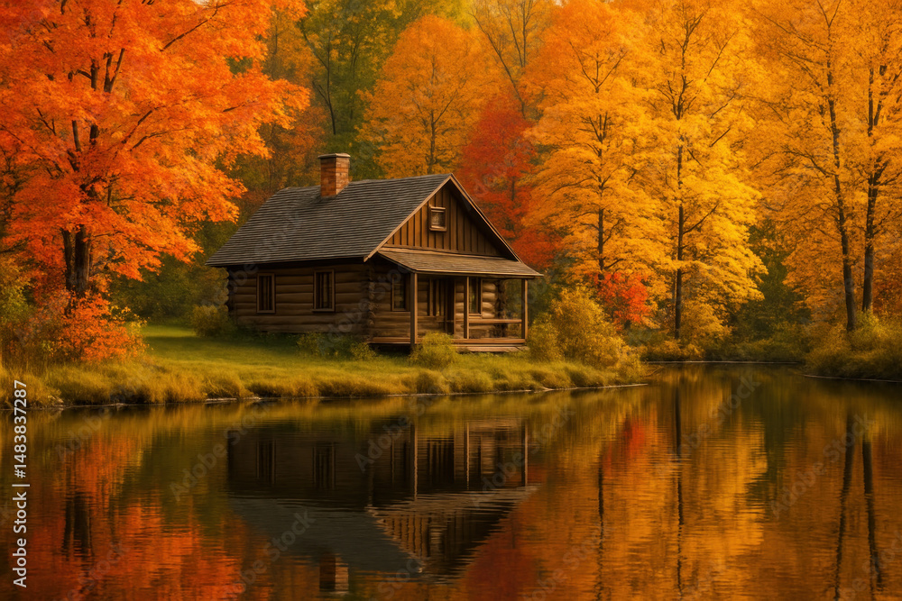 Fototapeta premium Cabin by lake with fall foliage.