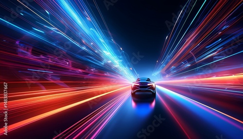 stylish abstract artwork of a fast moving car with blue and red glow effects against a night road panoramic background light trails technology illustration network connection speed and energy