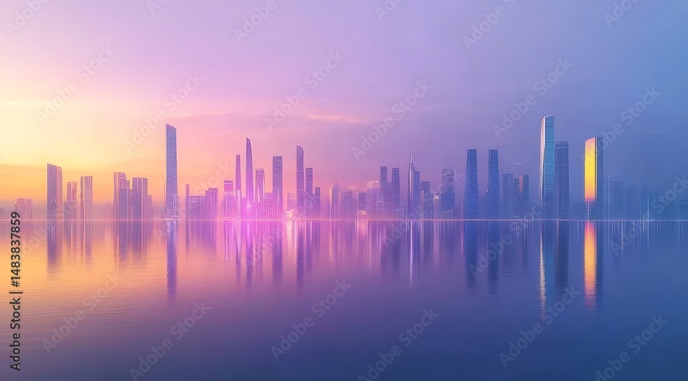 紫と青の夕暮れの空と水面に反射する現代的な高層ビルの都市景観のパノラマ 紫と青の夕暮れの空と水面に反射する現代的な高層ビルの都市景観のパノラマ