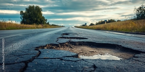 A severely damaged road with large cracks and potholes under a cloudy sky