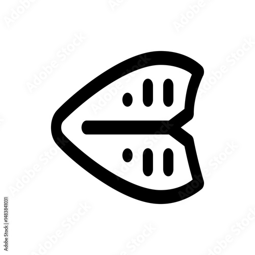 Stylized graphic of a symmetrical leaf shape with internal dots and lines in black on white background
