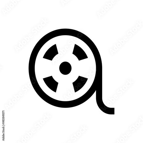Illustration of a film reel with a circular hub and a trailing film strip in a simple black and white design