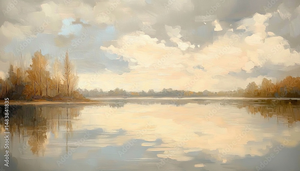 Fototapeta premium A serene landscape featuring a calm lake with reflections of the sky and trees under a cloudy sky