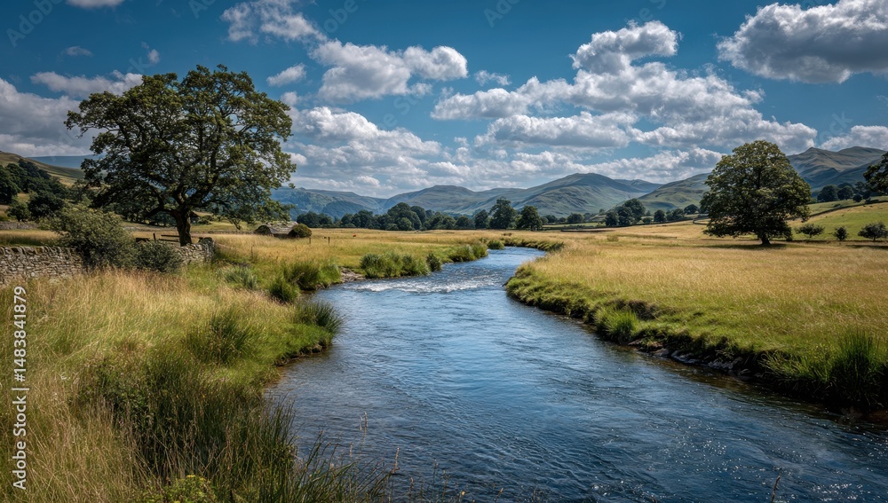 Serene River Winding Through Lush Green Valley Under a Blue Sky Serene River Winding Through Lush Green Valley Under a Blue Sky