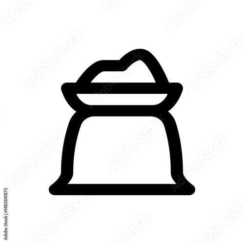 Illustration of a simple black outline of a sack filled with contents spilling over the top edge design icon