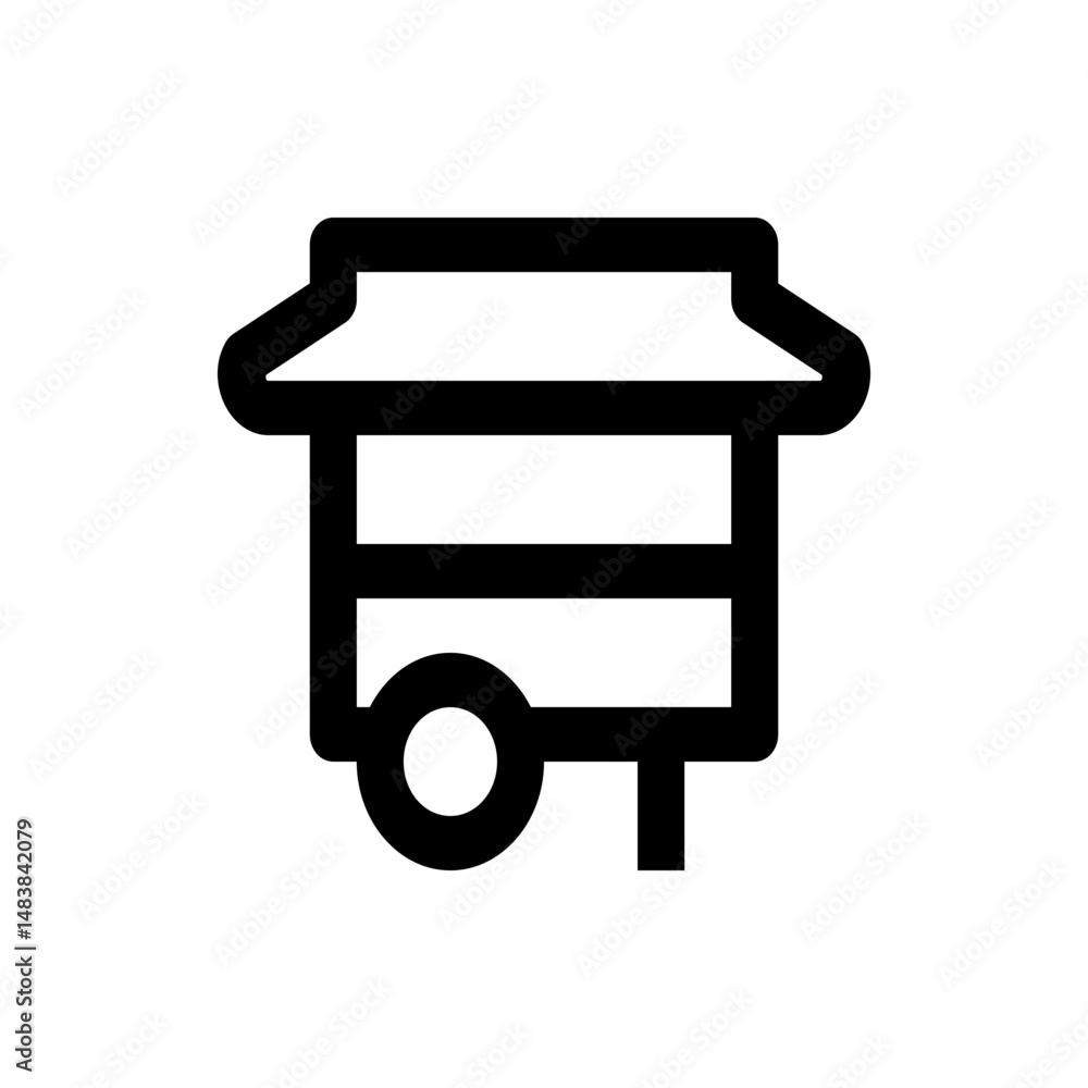 Illustration of a black outline of a market stall with a wheel on a white background in simple style Illustration of a black outline of a market stall with a wheel on a white background in simple style