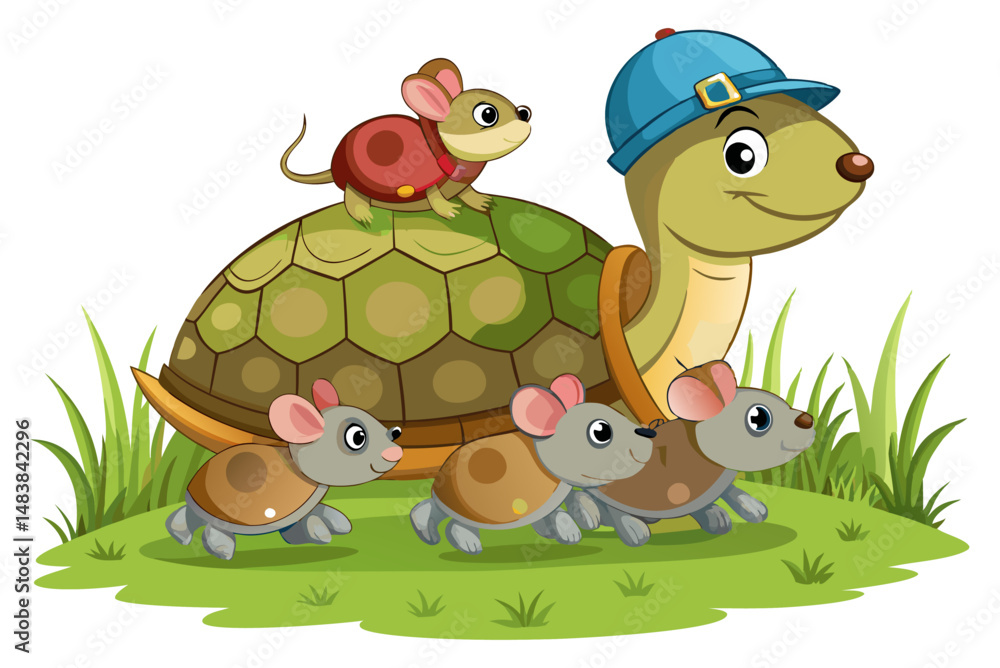 Naklejka premium A smiling turtle wearing a blue cap carries a small mouse on its back, while three other small mice walk alongside it on a green grassy surface.