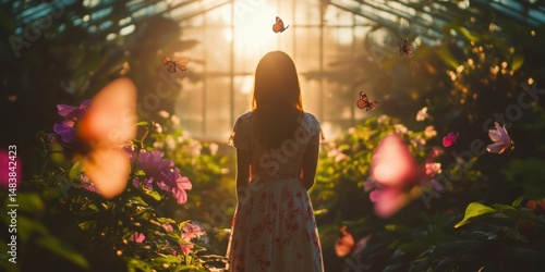 Young woman in floral dress standing in sunlit greenhouse with butterflies