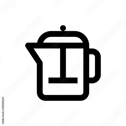 Illustration of a black outline french press coffee maker with a handle and a plunger on a white background