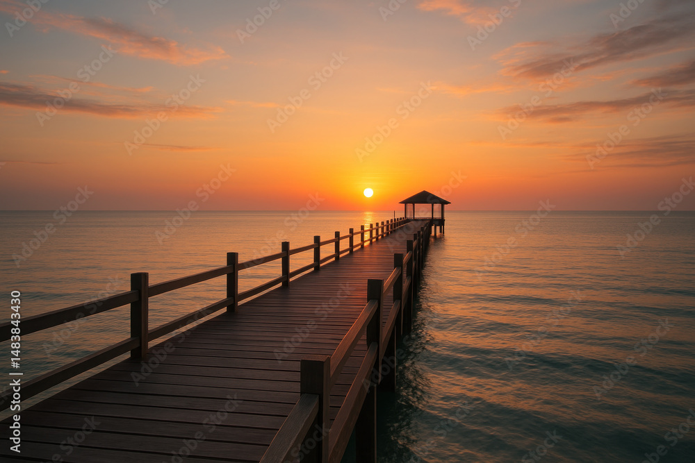 Fototapeta premium Silhouetted figure sits on the dock at sunset.