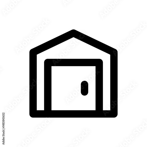 Illustration of a simple outlined warehouse or storage building with a closed door and gabled roof design
