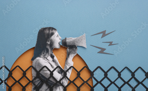 Half tones of people raising signs and megaphones. The sound of change. Illustration of activism. Modern collage with hands. Fancy vintage pieces of newspaper. Concept of revolution.