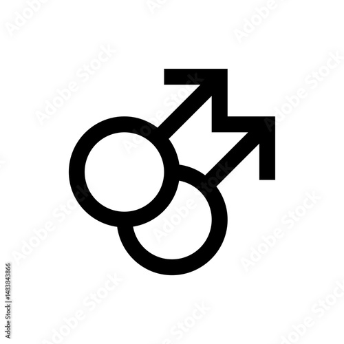 Two male symbols overlapping each other in black outline representing male bonding and relationship icon