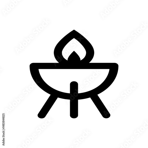 Illustration of a black stylized fire pit with a flame on top and three legs on a white background design
