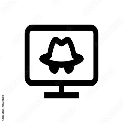 Computer screen displaying a spy icon with a hat and glasses in black and white simple representation