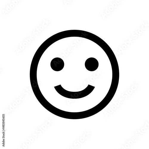 Simple black and white smiling face icon with circular outline and two dot eyes and curved mouth line